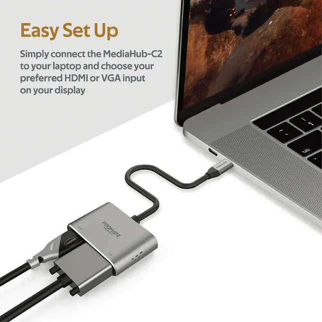 Promate MEDIAHUB-C2, USB-C Display Adapter Hub HDMI 4K & VGA