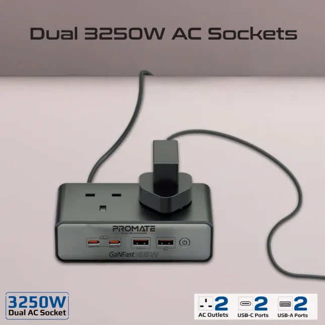 Promate Charging Station 65W GaNFast on 3250W Dual AC Socket PowerBrix2-GaN65 Promate Charging Station 65W GaNFast on 3250W Dual AC Socket PowerBrix2-GaN65