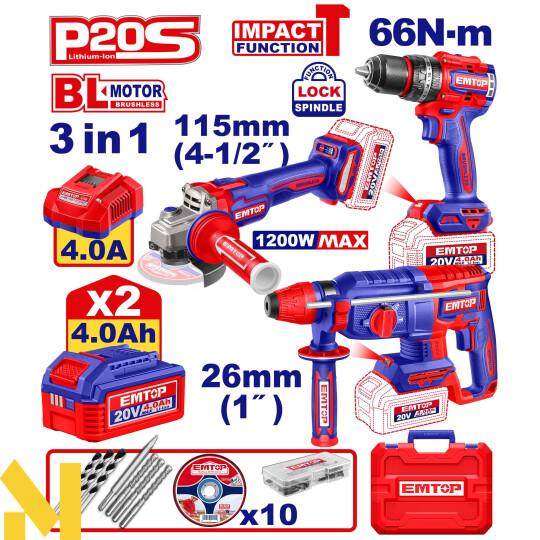 Emtop Cordless Tool Set (Cordless Drill, hammer, Angle Grinder) ECKL202598 Emtop Cordless Tool Set (Cordless Drill, hammer, Angle Grinder) ECKL202598
