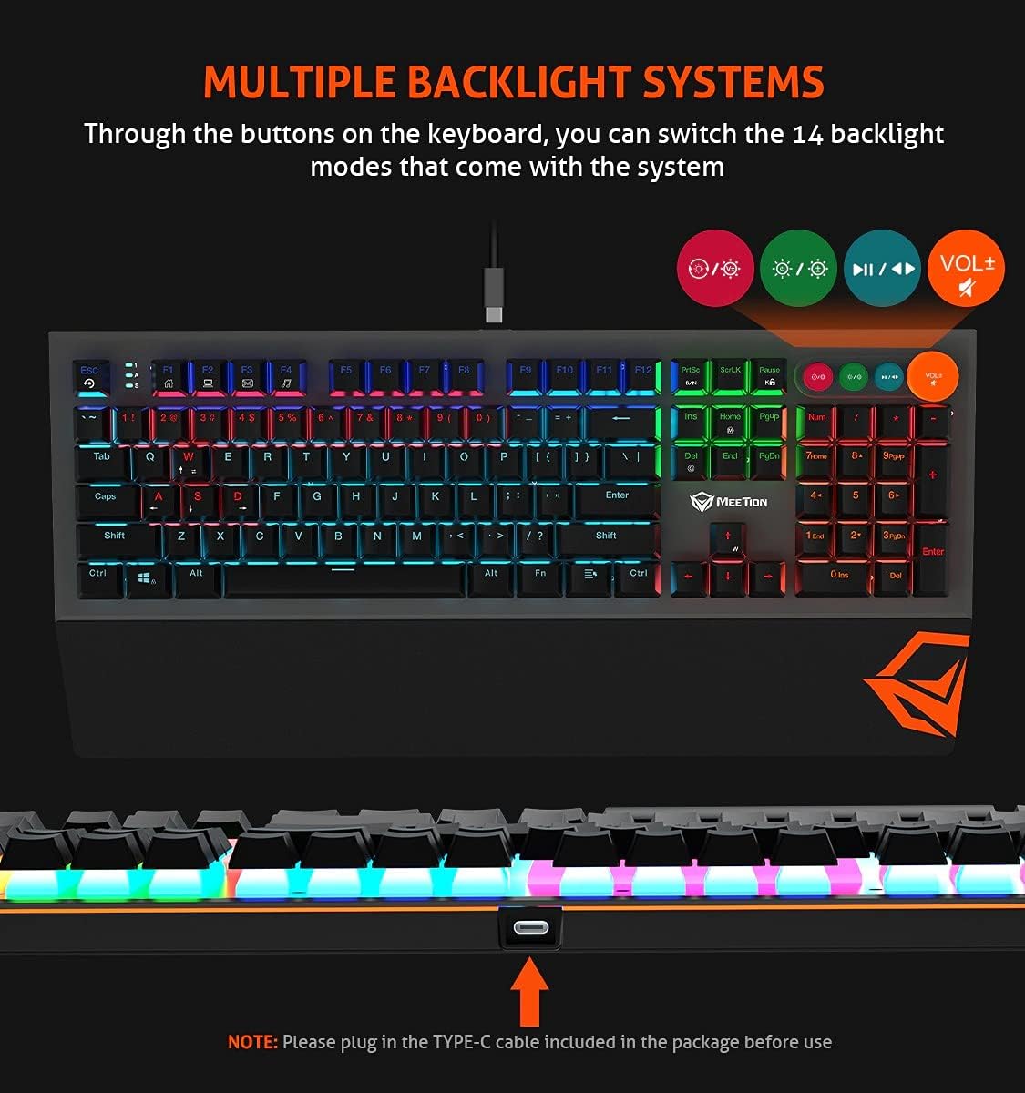 Meetion MT-MK500 Mechanical Gaming Keyboard, Detachable Palmrest, RGB, Type-C
