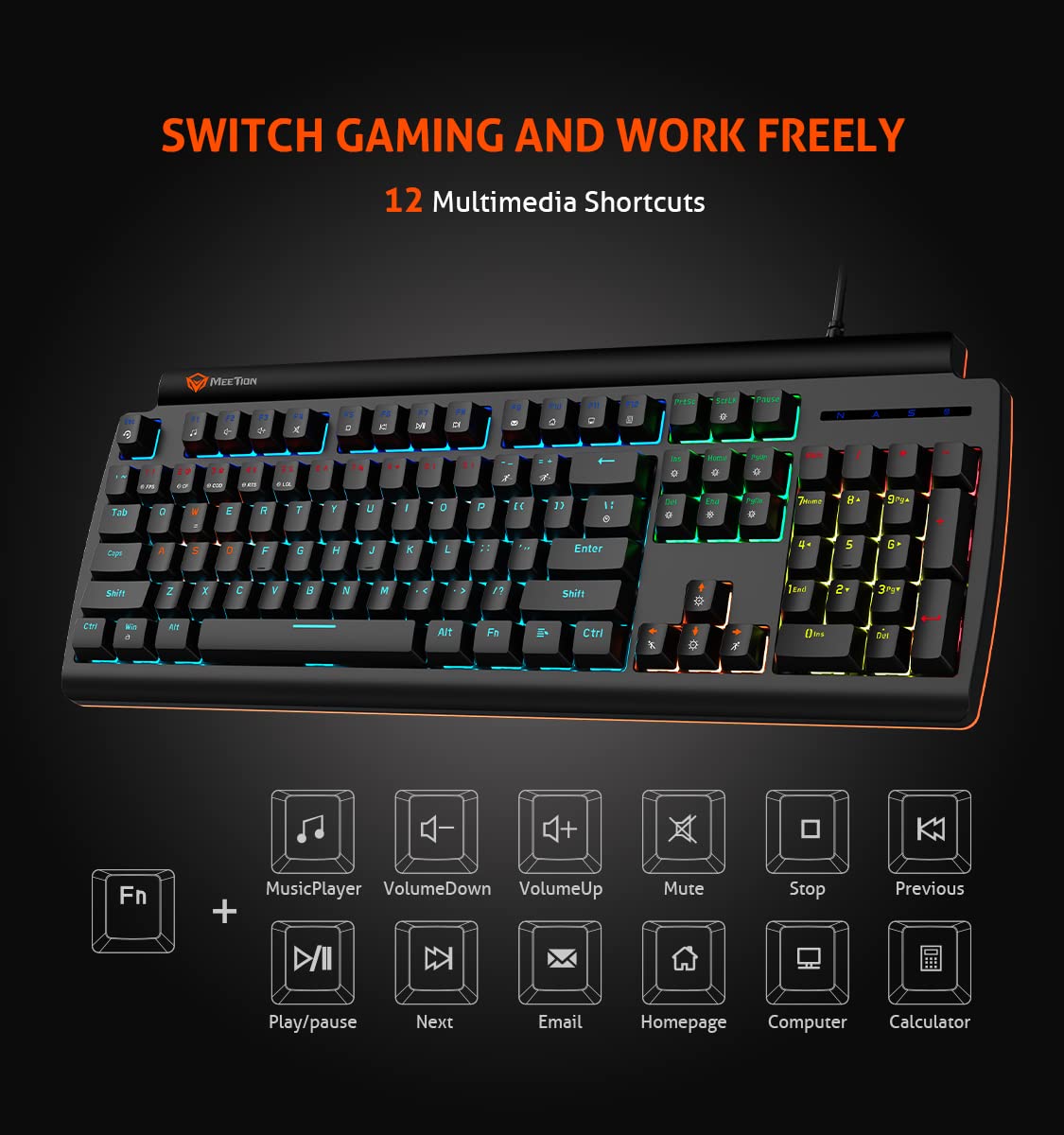 Meetion MT-MK600MX Mechanical Gaming Keyboard, USB, Blue Switch, RGB Backlit