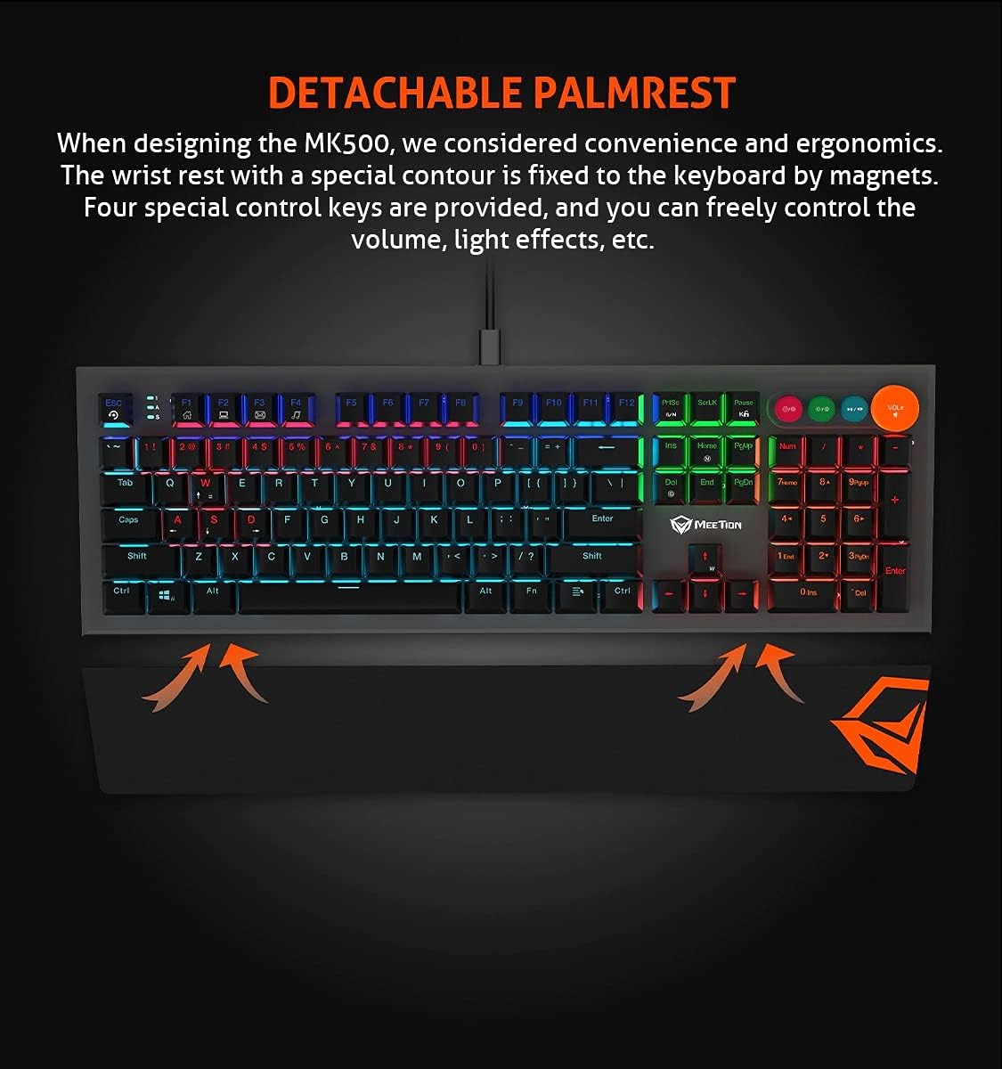 Meetion MT-MK500 Mechanical Gaming Keyboard, Detachable Palmrest, RGB, Type-C