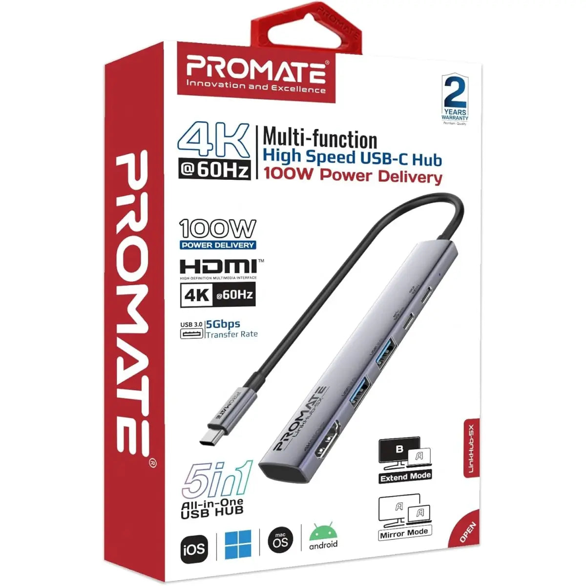 Promate 5-in-1 Multiport Hub LinkHub-5X 4K@60Hz USB-C Hub - 100W PowerDelivery Promate 5-in-1 Multiport Hub LinkHub-5X 4K@60Hz USB-C Hub - 100W PowerDelivery