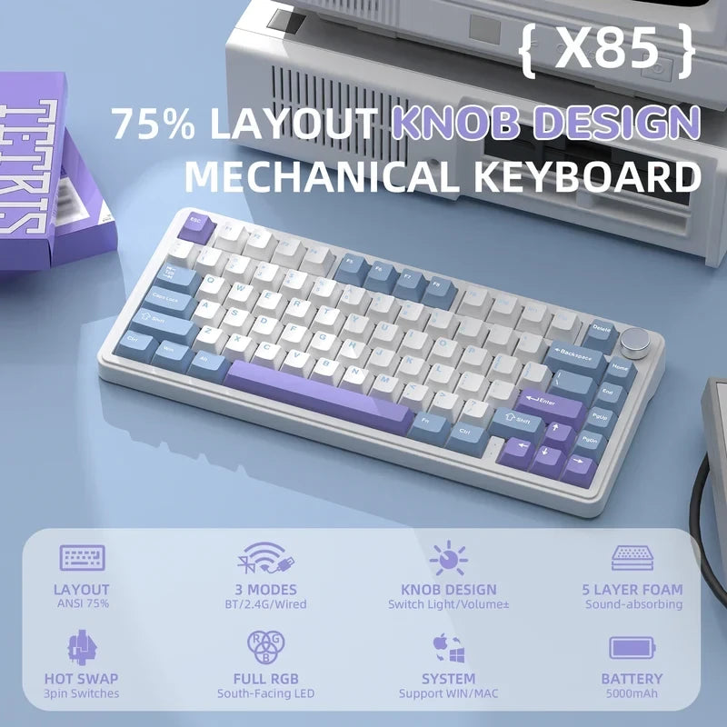 Attack Shark X85 75% Wireless Keyboard – Bluetooth White Purple Jade
