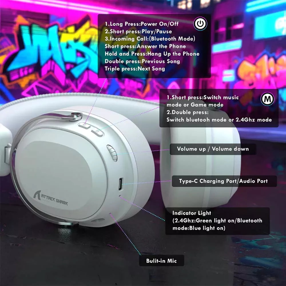 Attack Shark G800 Wireless wired options RGB Gaming Headset – White