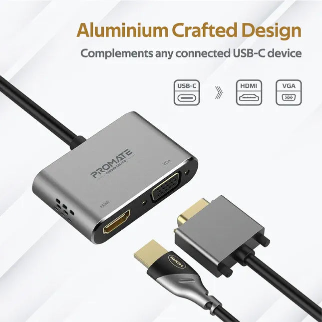 Promate MEDIAHUB-C2, USB-C Display Adapter Hub HDMI 4K & VGA