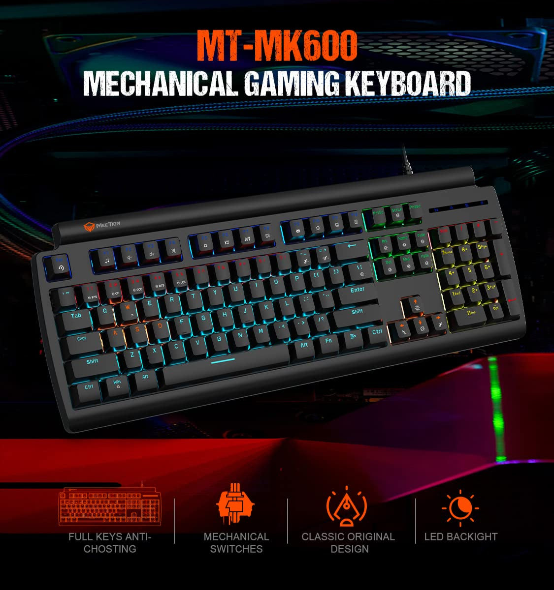 Meetion MT-MK600MX Mechanical Gaming Keyboard, USB, Blue Switch, RGB Backlit