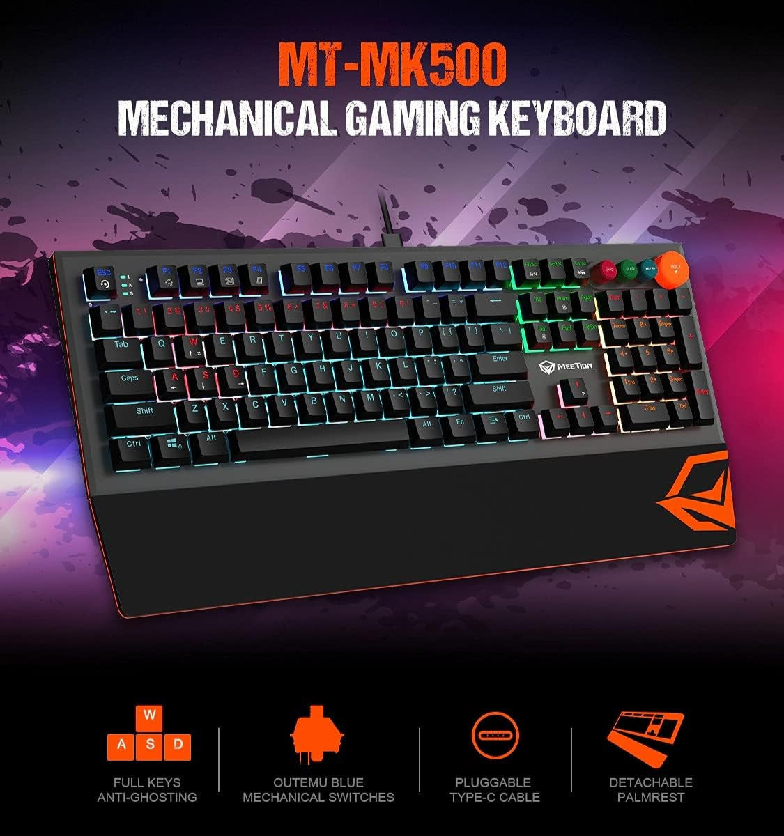 Meetion MT-MK500 Mechanical Gaming Keyboard, Detachable Palmrest, RGB, Type-C