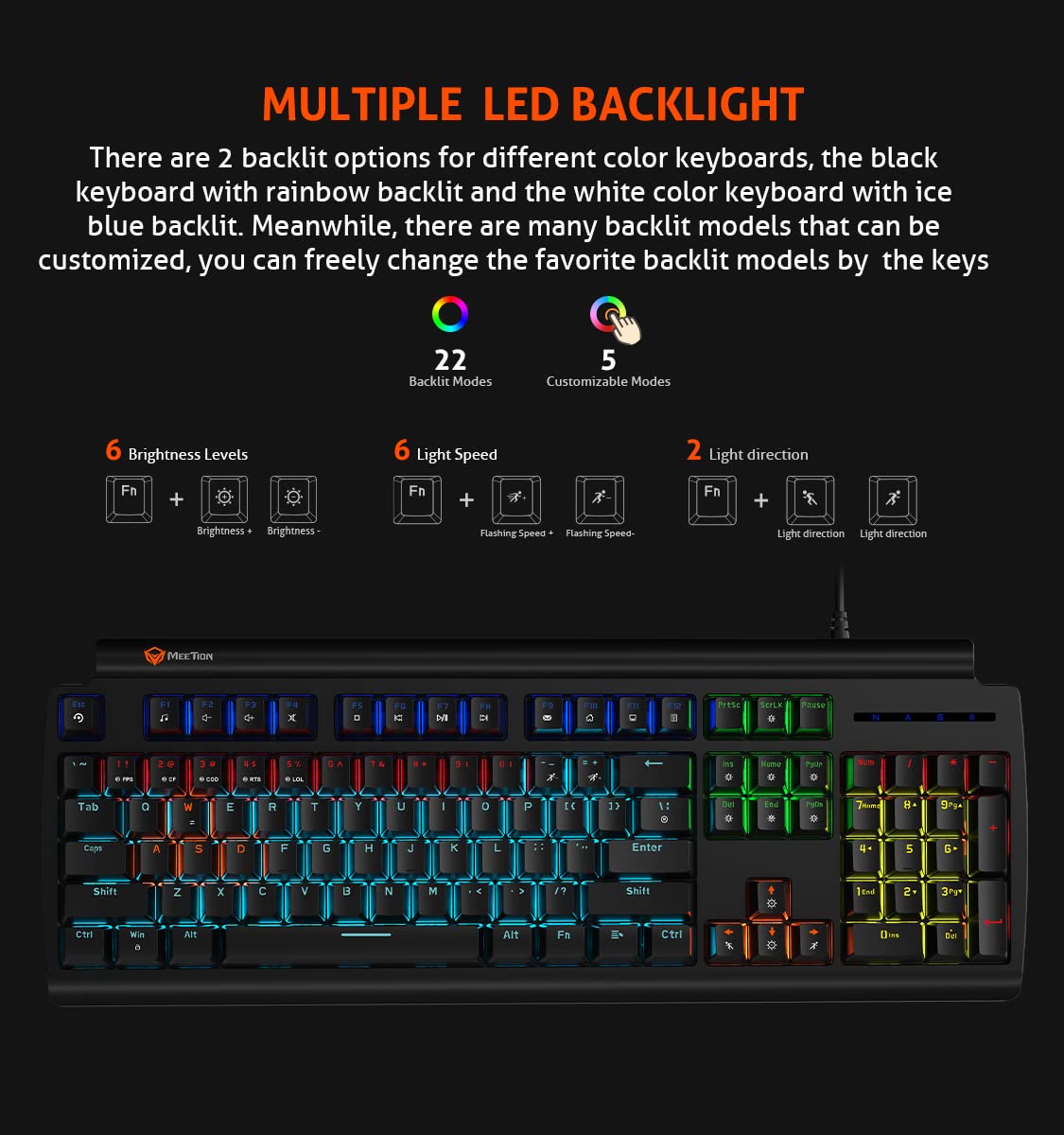 Meetion MT-MK600MX Mechanical Gaming Keyboard, USB, Blue Switch, RGB Backlit