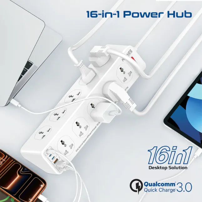 Promate 10AC Socket Space Efficient Power Strip Multiple Fast Charging USB Ports