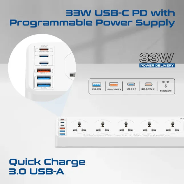Promate 10AC Socket Space Efficient Power Strip Multiple Fast Charging USB Ports