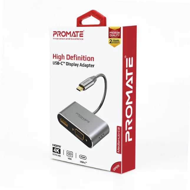 Promate MEDIAHUB-C2, USB-C Display Adapter Hub HDMI 4K & VGA