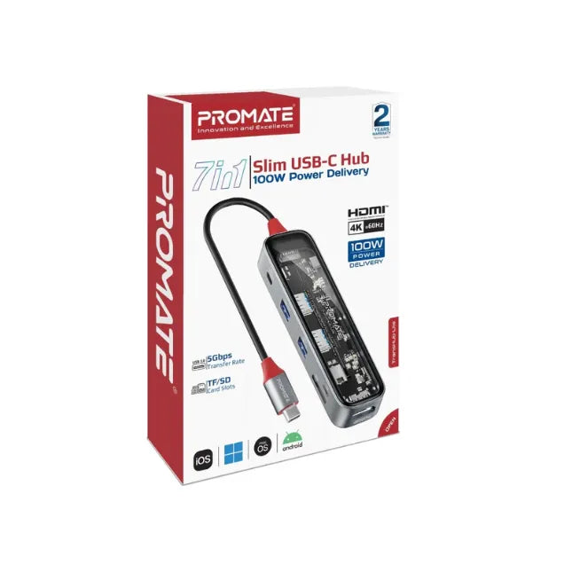 Promate TransHub-Lite, USB-C 7-in 1 Multiport USB-C Hub with 100W Power Delivery Promate TransHub-Lite, USB-C 7-in 1 Multiport USB-C Hub with 100W Power Delivery