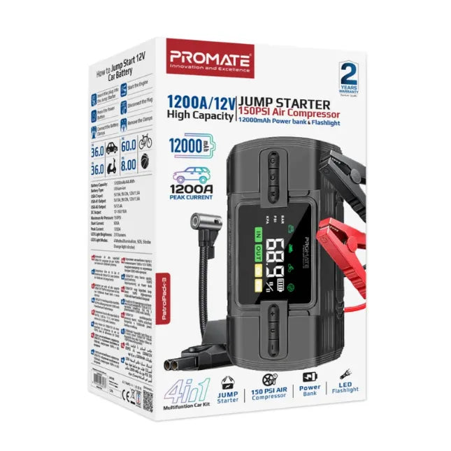 Promate 1200A/12V High-Capacity Jump Starter 150PSI Air Compressor Power bank Promate 1200A/12V High-Capacity Jump Starter 150PSI Air Compressor Power bank