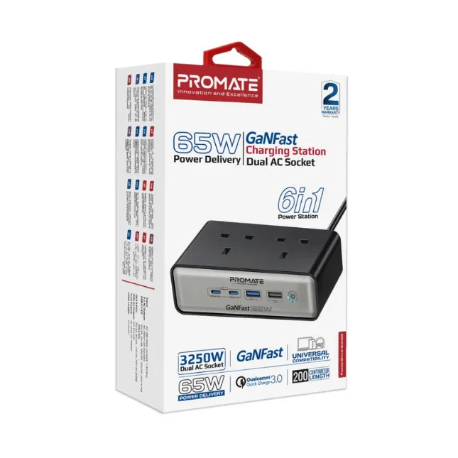 Promate Charging Station 65W GaNFast on 3250W Dual AC Socket PowerBrix2-GaN65 Promate Charging Station 65W GaNFast on 3250W Dual AC Socket PowerBrix2-GaN65