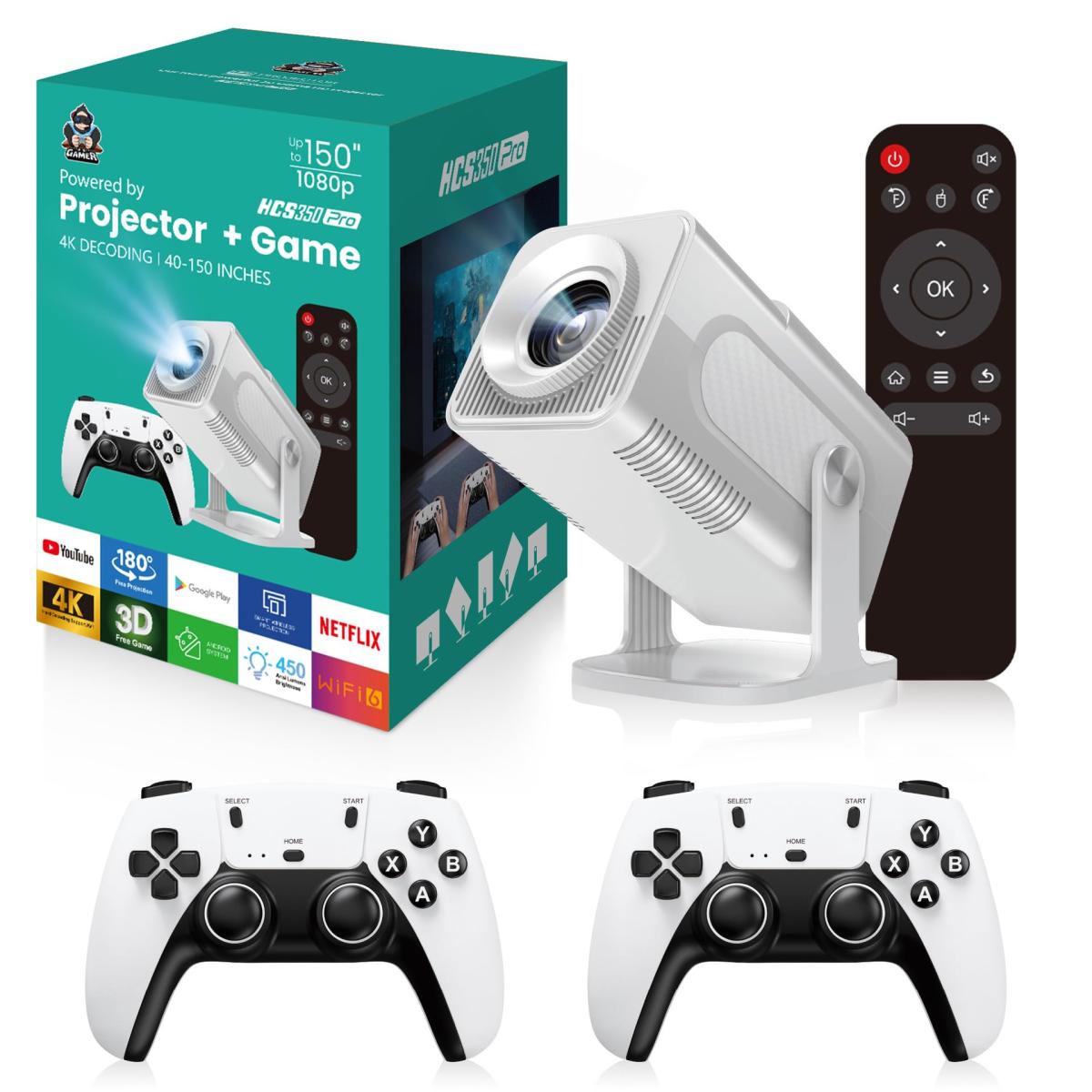 HCS350 Pro 4K Projector 1280*1080P Built-in 30000 Games with 2 Wireless Controllers HCS350 Pro 4K Projector 1280*1080P Built-in 30000 Games with 2 Wireless Controllers