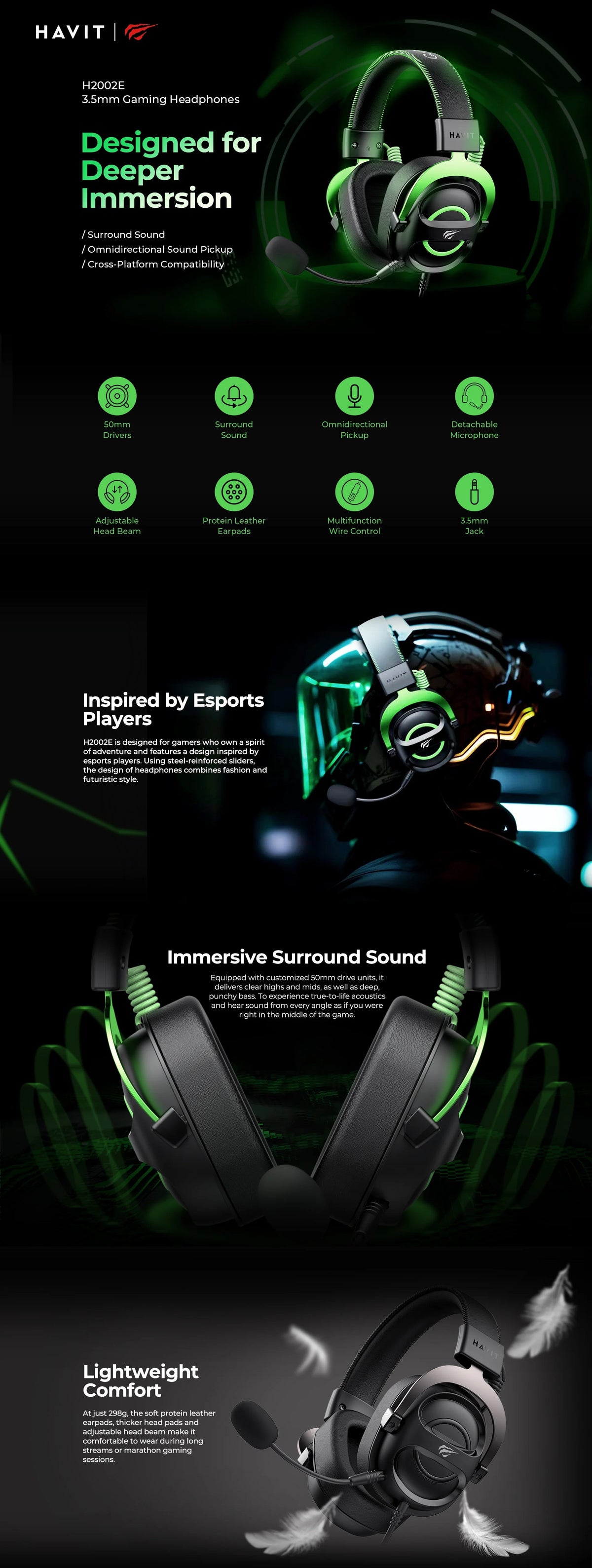 HAVIT Gaming Headphones H2002E GAMENOTE, RGB, Surround Sound, 3.5mm HAVIT Gaming Headphones H2002E GAMENOTE, RGB, Surround Sound, 3.5mm