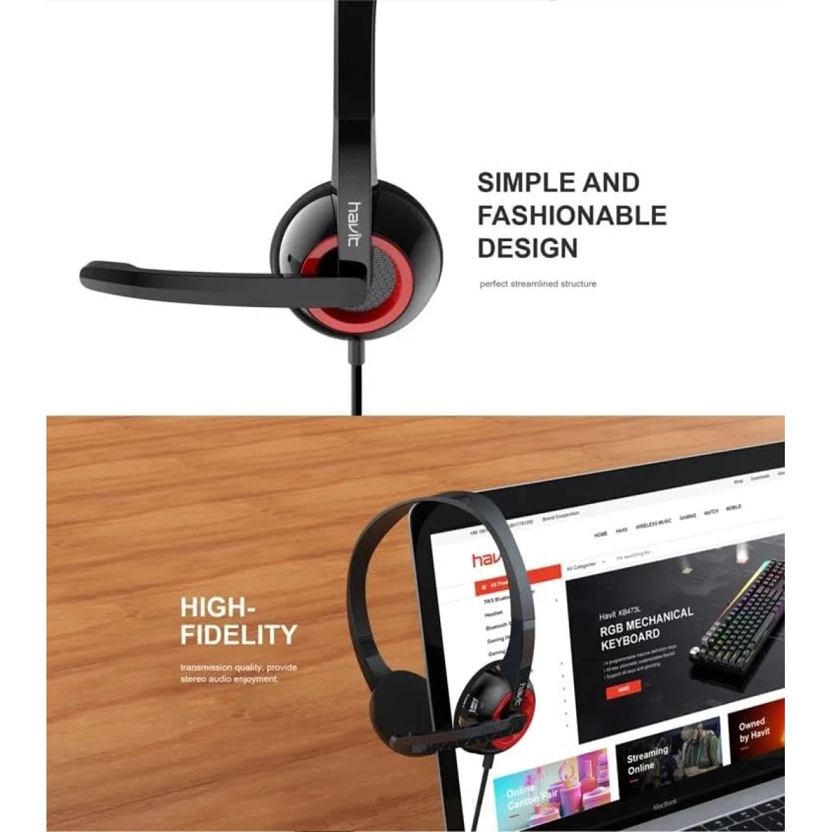 HAVIT Wired Headphone H202d for PC, 3.5 audio jack, Built-in Mic