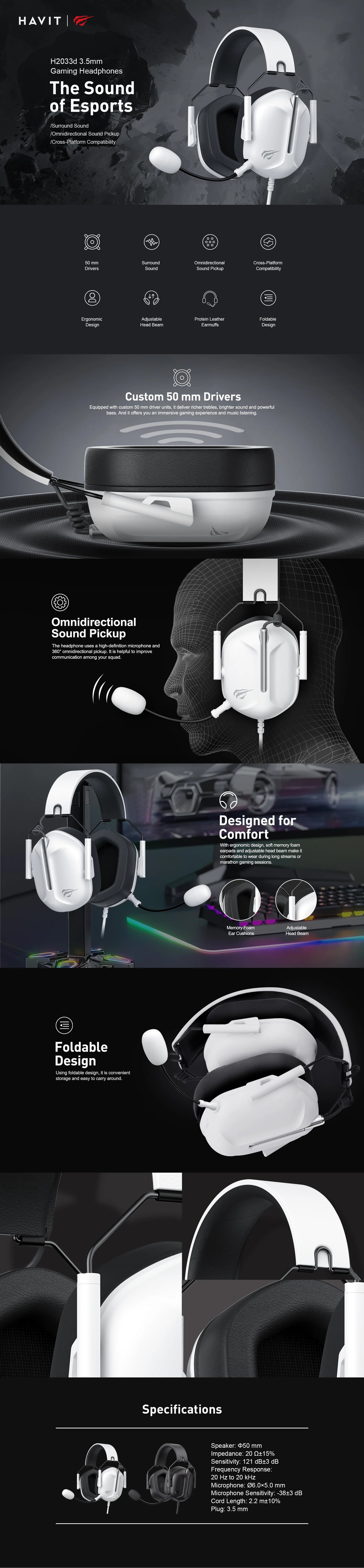 HAVIT Gaming Headphones GAMENOTE H2033d, 3.5MM, Foldable Design