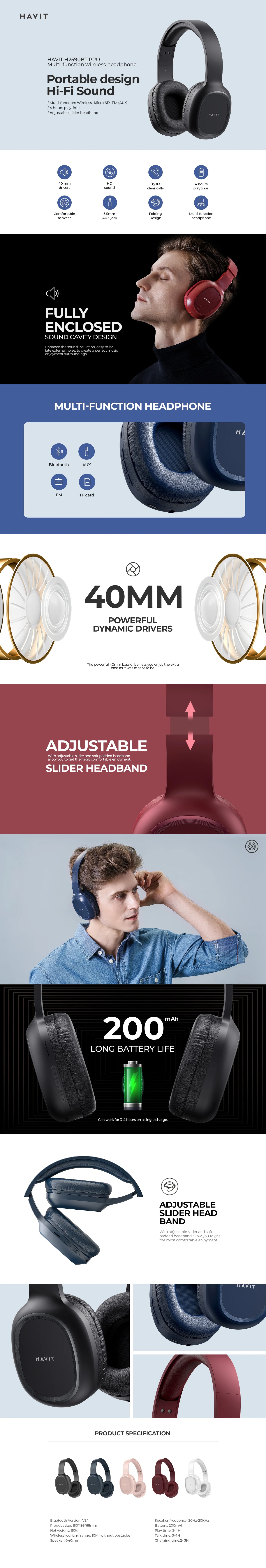 HAVIT Wireless Headphones H2590BT Pro MULTI FUNCTION FOLDING DESIGN