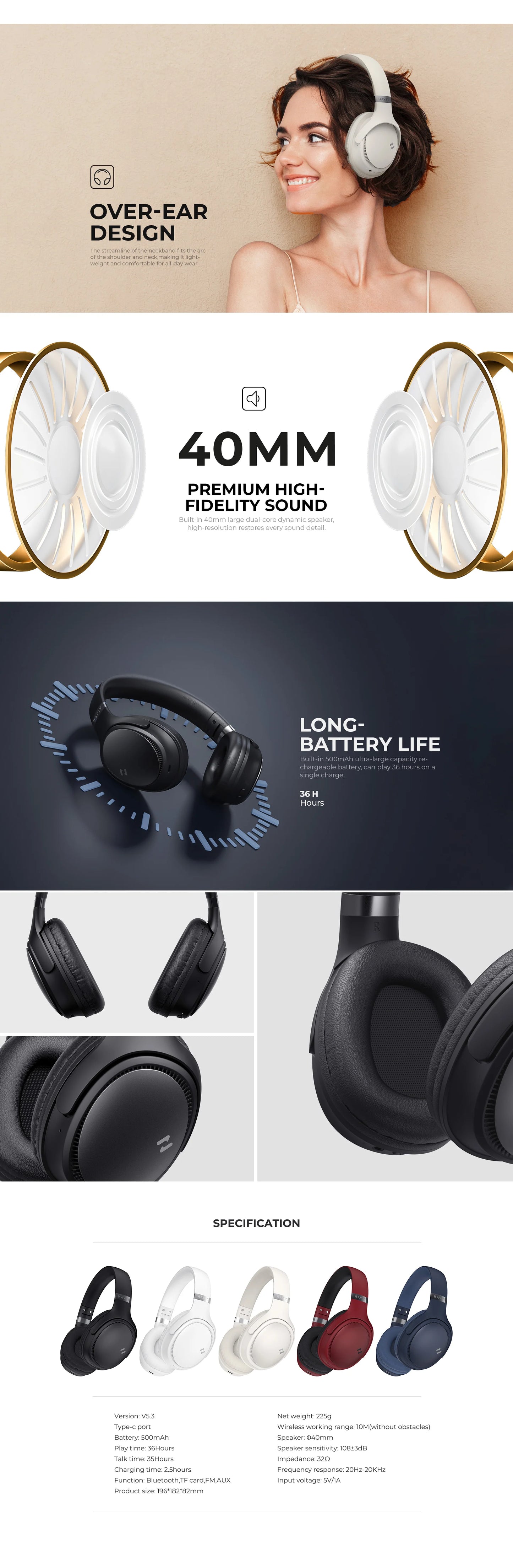 HAVIT Wireless Headphones H630BT Pro, Folding, BT5.3-36 Hrs Playtime