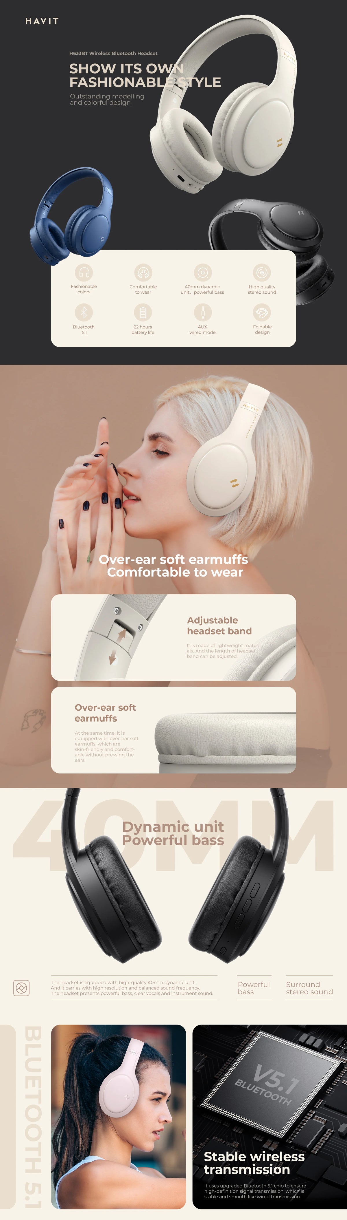 HAVIT Wireless Headphones H633BT Colorful, 20H Playtime, Foldable HAVIT Wireless Headphones H633BT Colorful, 20H Playtime, Foldable