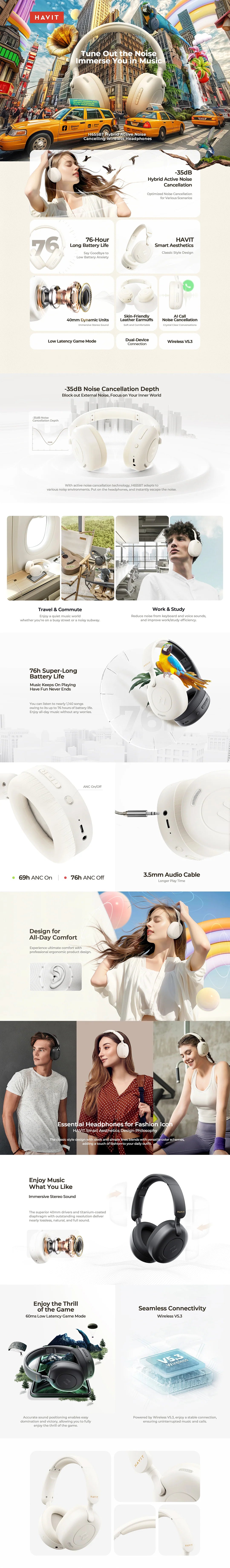 HAVIT H655BT Hybrid Active Noise Cancellation Wireless Headphones