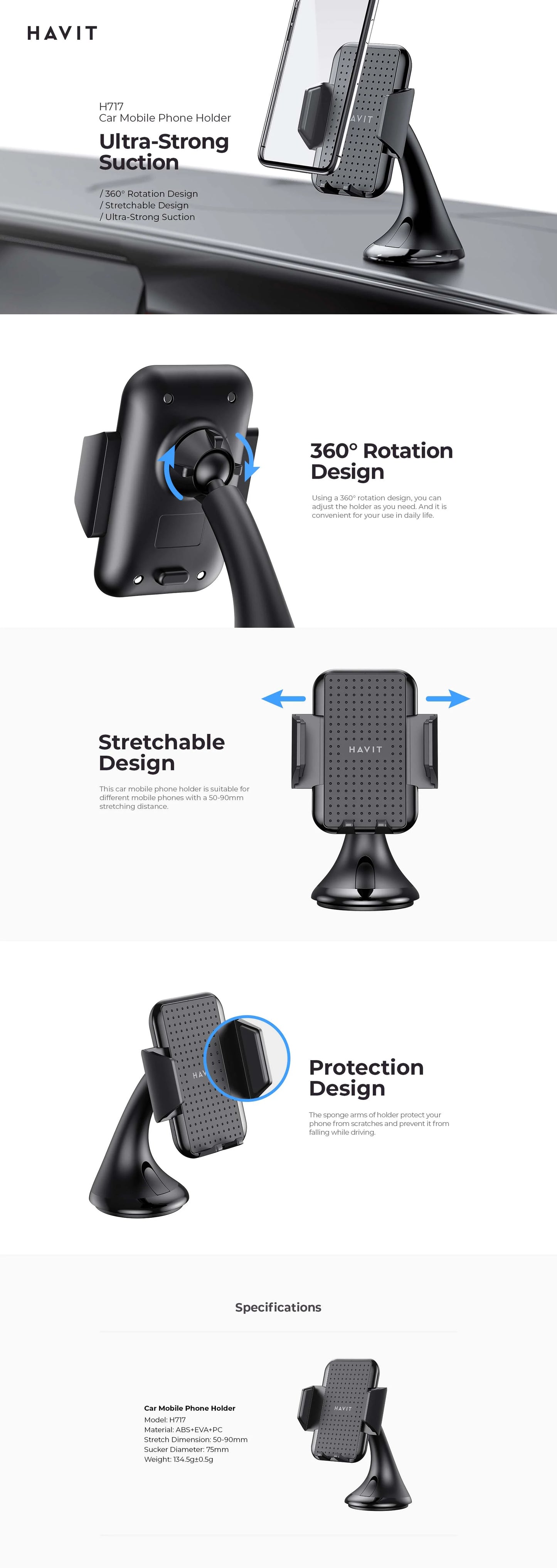 HAVIT Phone Holder H717 Car, 360 Rotation, Ultra Strong Section
