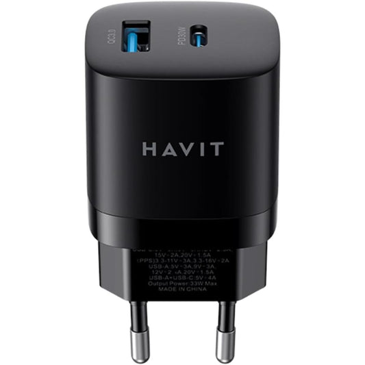 HAVIT UC303 EU 2-Port Travel Charger 30W, Supports Quick Charge (Black)