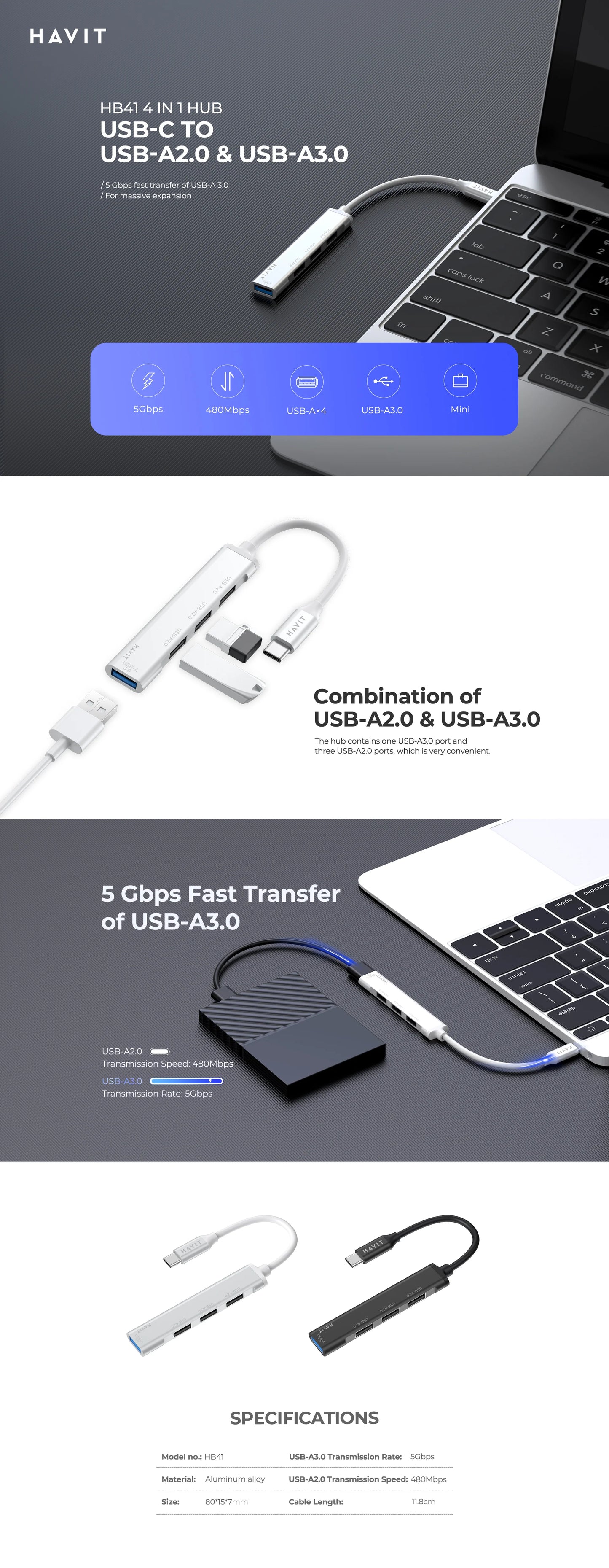 HAVIT USB-C Hub HB41 4-in-1 USB-C To USB-A2.0 & USB-A3.0