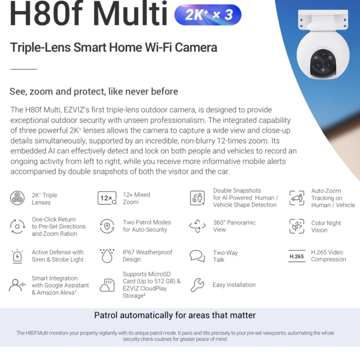 Ezviz H80f Multi Triple- Lens Smart Home Wi-Fi Camera, Triple Lenses