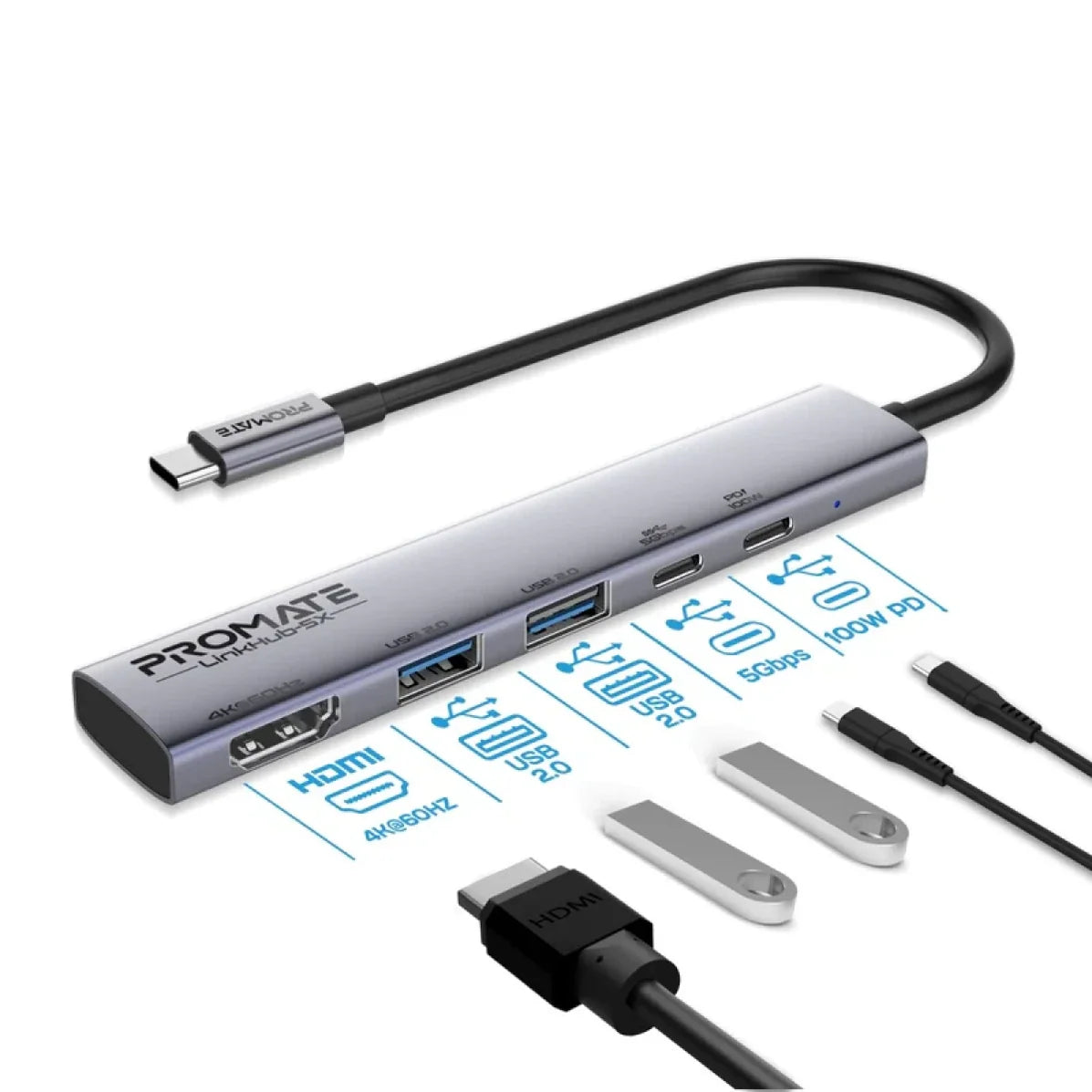 Promate 5-in-1 Multiport Hub LinkHub-5X 4K@60Hz USB-C Hub - 100W PowerDelivery Promate 5-in-1 Multiport Hub LinkHub-5X 4K@60Hz USB-C Hub - 100W PowerDelivery