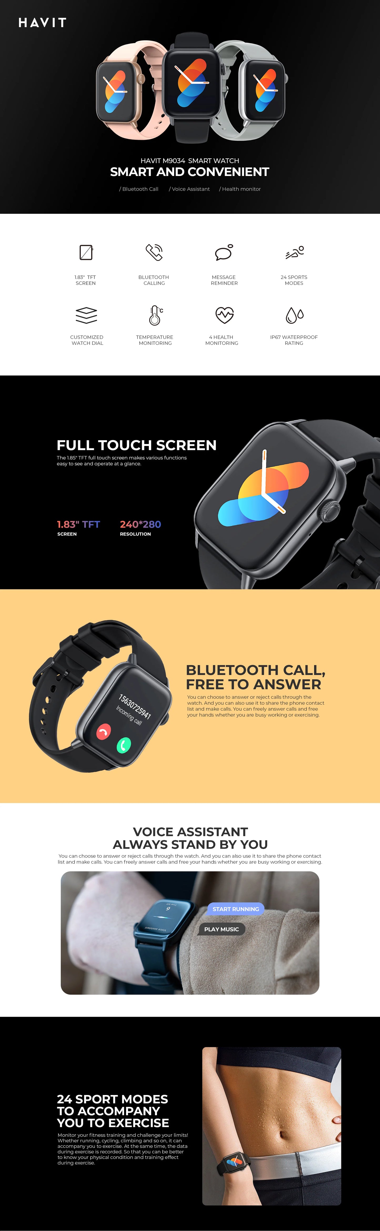 HAVIT M9034 Smart Watch with Voice Assistant,  IP67, 24 sport modes