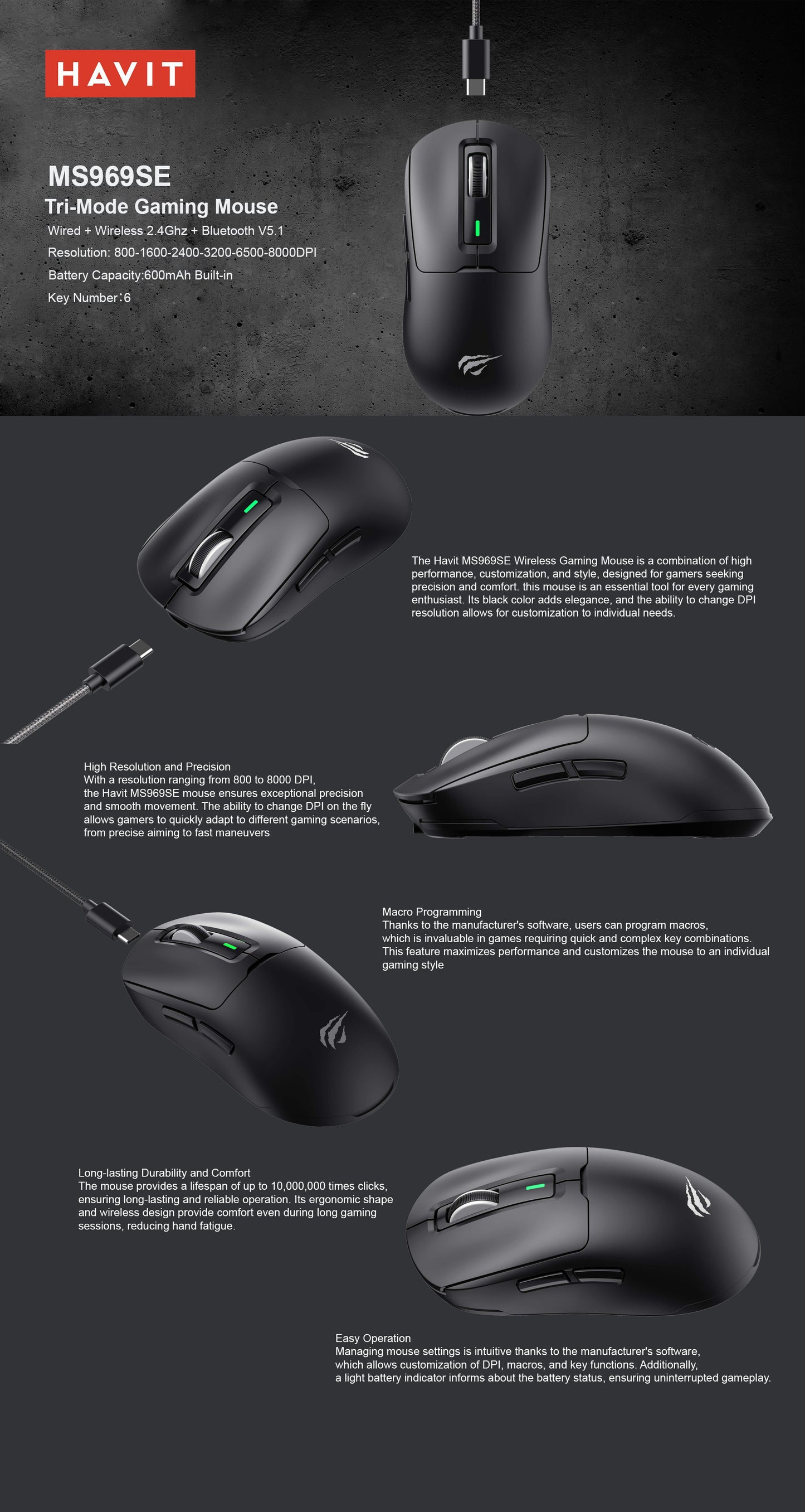 Havit MS969SE Game note Tri-Mode Gaming Mouse RGB Lighting: rechargeable. white