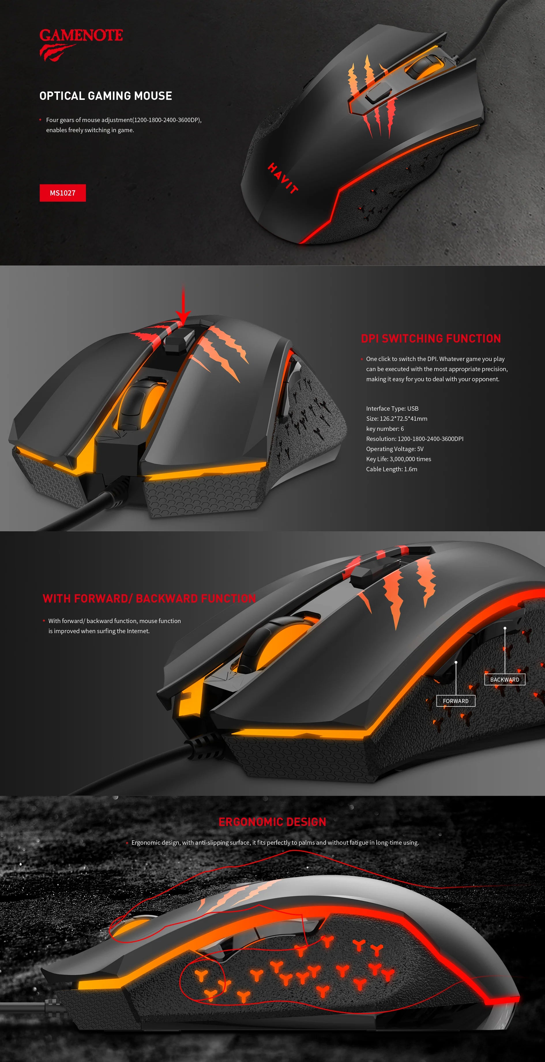 HAVIT MS1027 Wired Gaming Mouse, Adjustable DPI, 6 Key, USB, 1.6m HAVIT MS1027 Wired Gaming Mouse, Adjustable DPI, 6 Key, USB, 1.6m