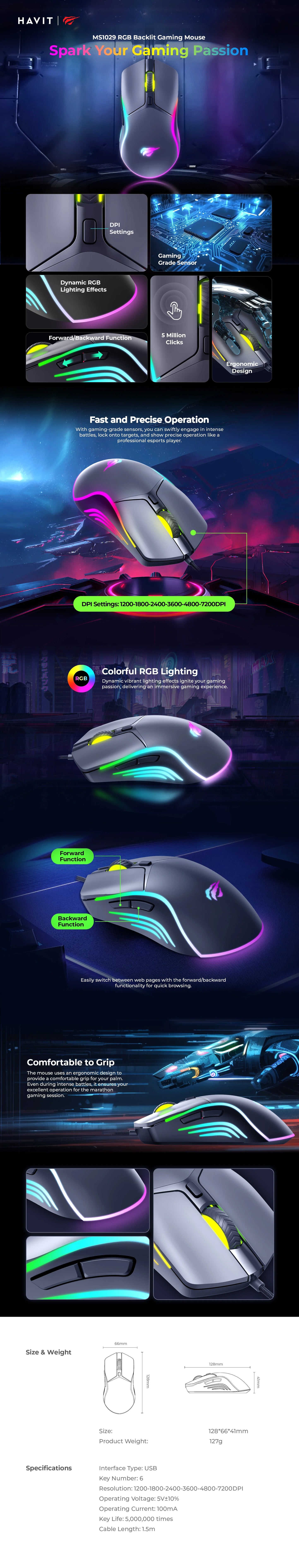 HAVIT MS1029 Gaming Mouse USB 1.5m, Adjustable DPI, 6 Key Cable 1.5m