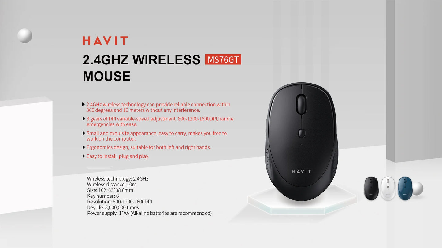 Havit MS76GT 2.4GHz Wireless Mouse, Adjustable DPI, 6 Key, 10m range