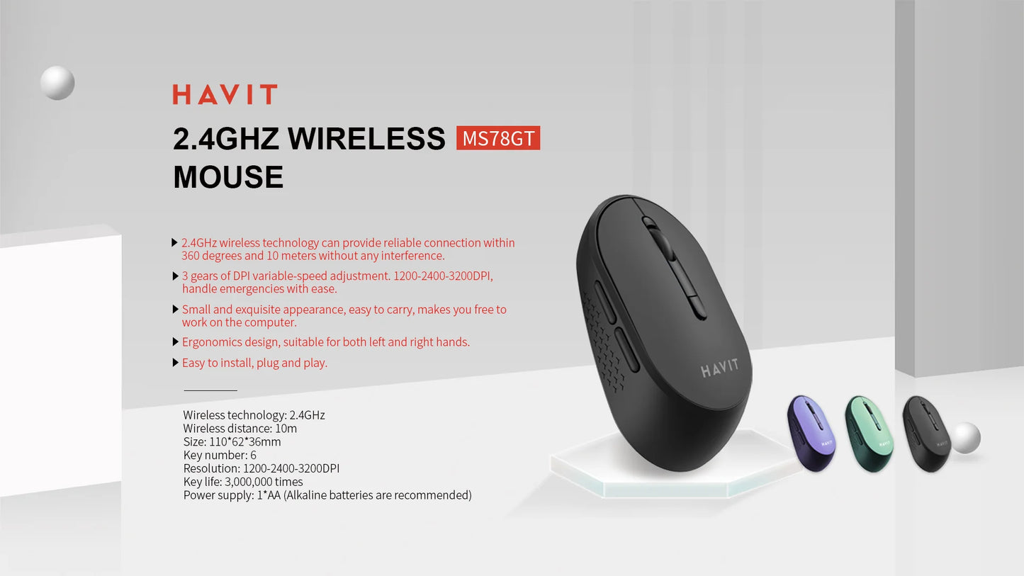 Havit MS78GT Wireless Mouse, Comfortable Design, Adjustable DPI, 6 Key