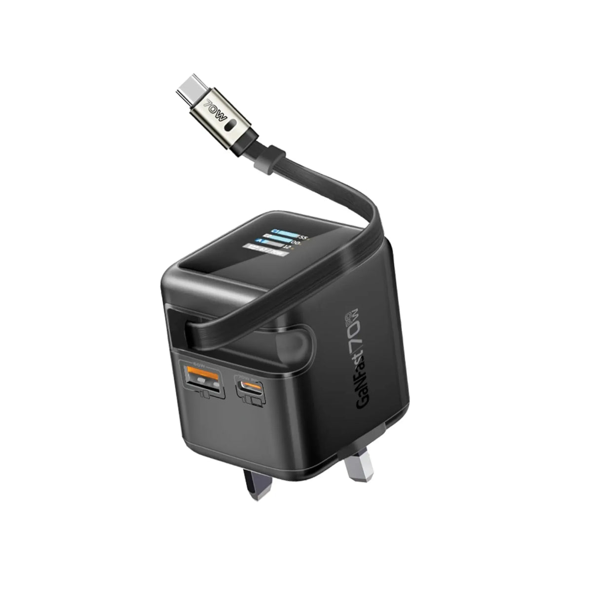 Promate Charger USB-C 70W GaNFast™ Wall Charger w/ Retractable USB-C Cable Promate Charger USB-C 70W GaNFast™ Wall Charger w/ Retractable USB-C Cable