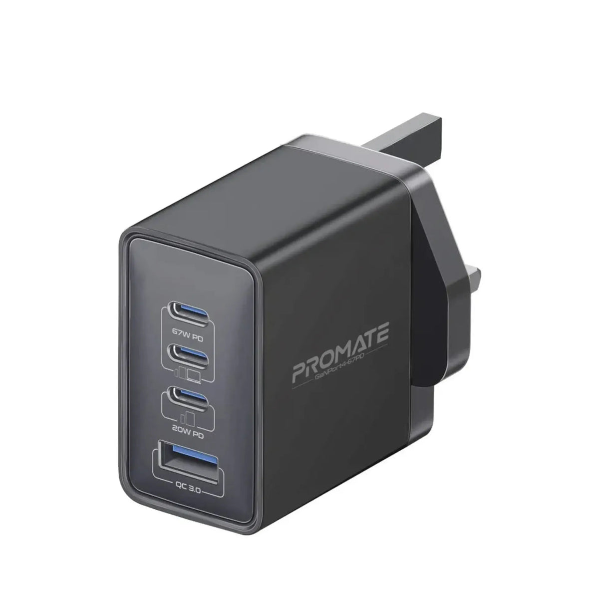 Promate Charger 67W Power Delivery GaNFast™ Quick Charge 3.0 GaNPort4-67PD Promate Charger 67W Power Delivery GaNFast™ Quick Charge 3.0 GaNPort4-67PD