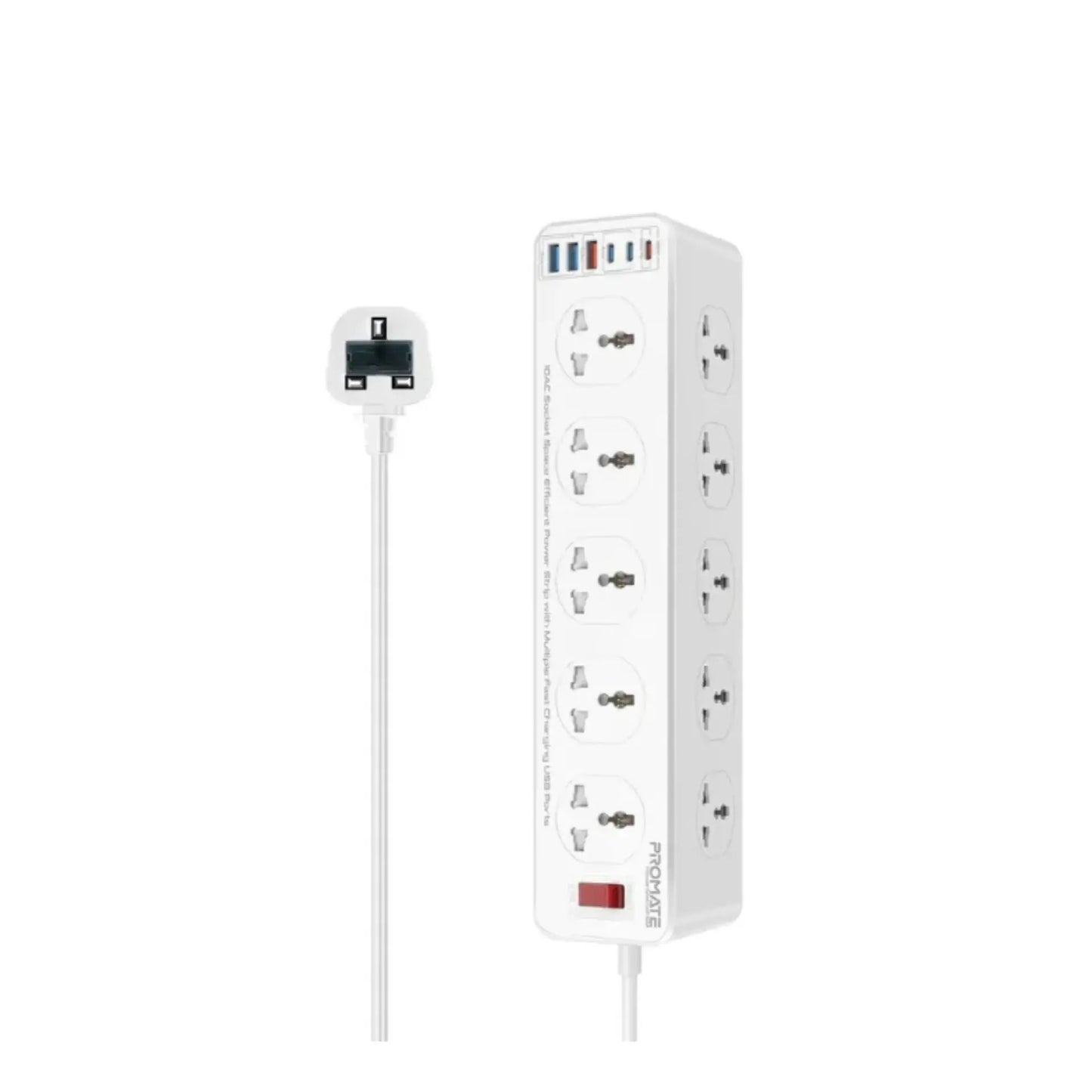 Promate 10AC Socket Space Efficient Power Strip Multiple Fast Charging USB Ports