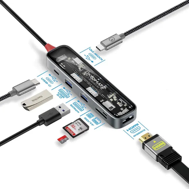 Promate TransHub-Lite, USB-C 7-in 1 Multiport USB-C Hub with 100W Power Delivery Promate TransHub-Lite, USB-C 7-in 1 Multiport USB-C Hub with 100W Power Delivery