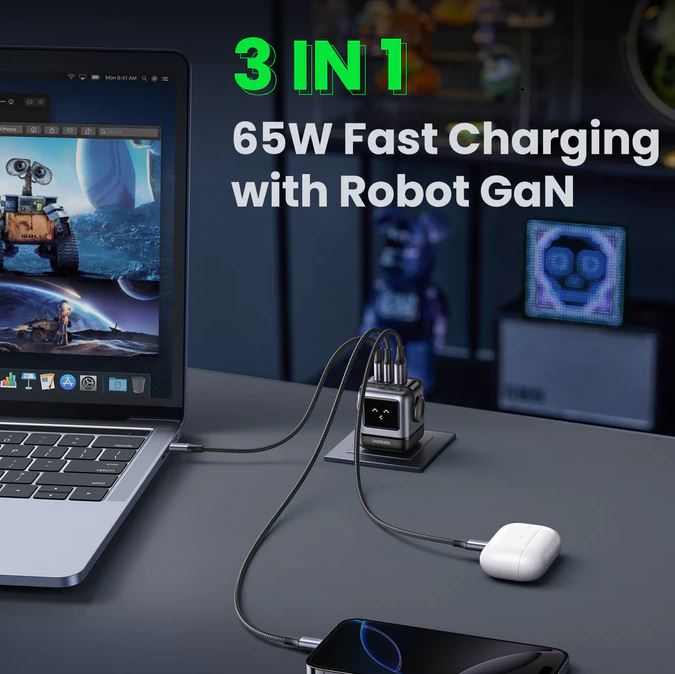 UGREEN Uno Charger 65W RobotGaN 3 Port Fast Charger Robot (EU)(Black)