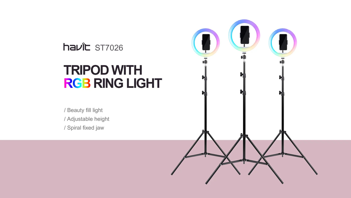 Havit ST7026 LED Phone Holder TRIPOD WITH 10INCHES RGB RING LIGHT