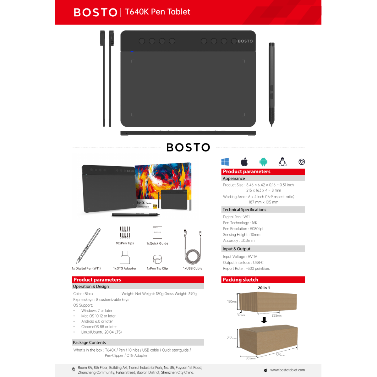 Bosto T640K Graphics Pen Tablet with Battery-Free Stylus 6 x 4 inch