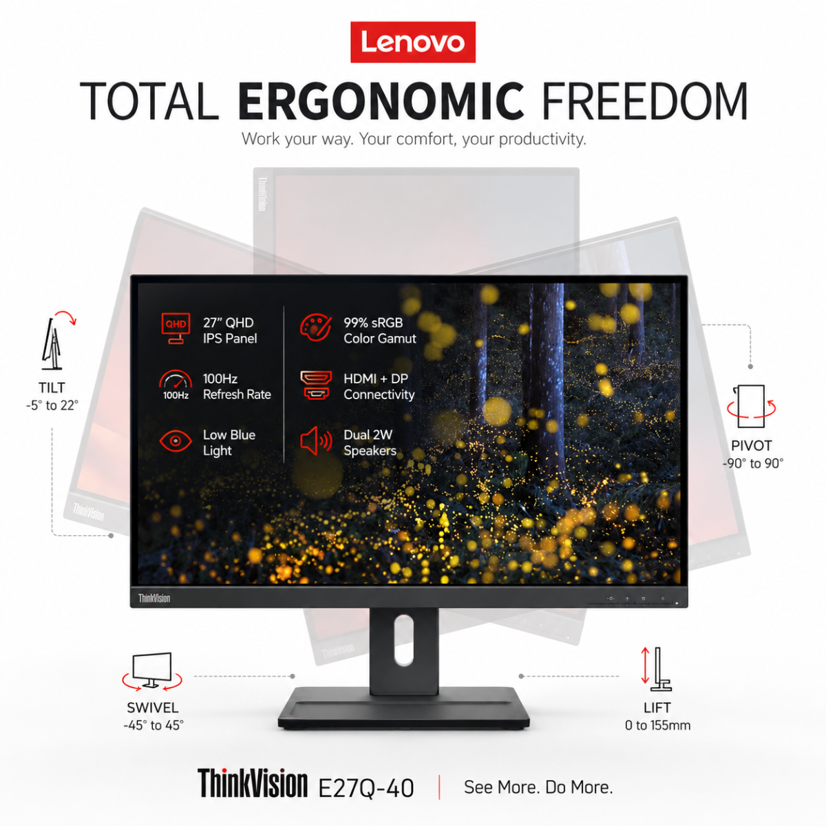 Lenovo ThinkVision E27q-40 27" Business 2K QHD IPS Monitor, 99% sRGB