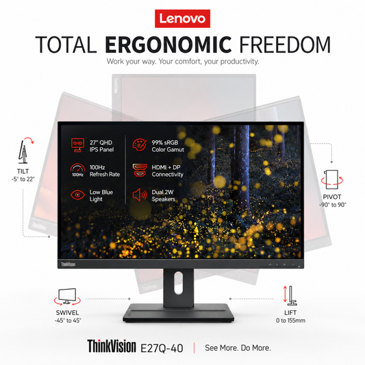Lenovo ThinkVision E27q-40 27" Business 2K QHD IPS Monitor, 99% sRGB
