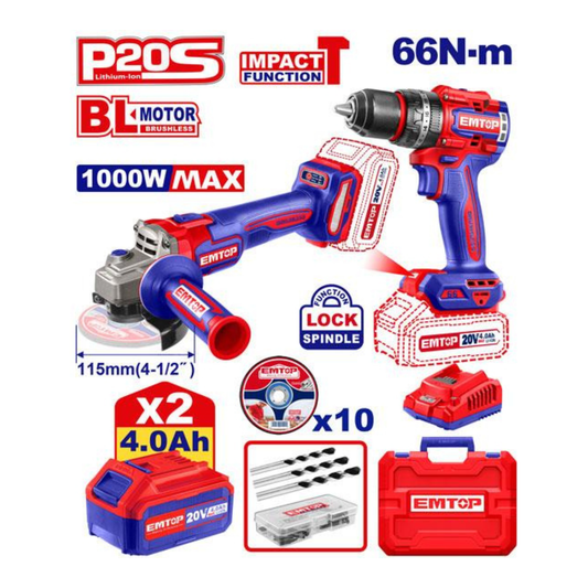 Emtop 2 pcs combo kit (angle grinder & Brushless Cordless Impact Drill) ECKL20273