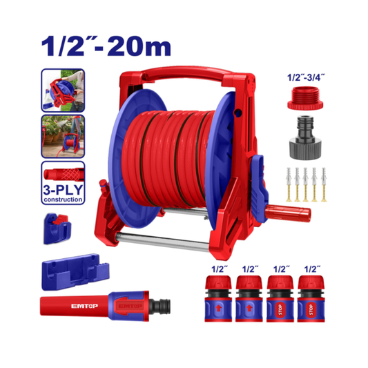 Emtop Hose Reel Set 20m 3-layer PVC hose Aluminum pipe holder EHHR20124