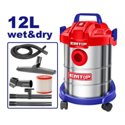 Emtop Wet & Dry Industrial Vacuum Cleaner Powerful 800W 12L stainless EVCR0801
